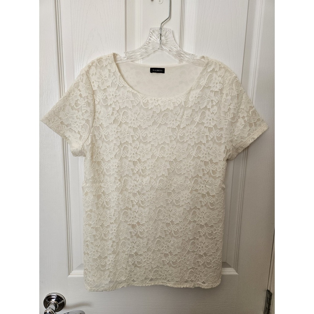 Talbots Women's Ivory Lined Lace Stretch Short Sleeve Blouse Top, Size Med.